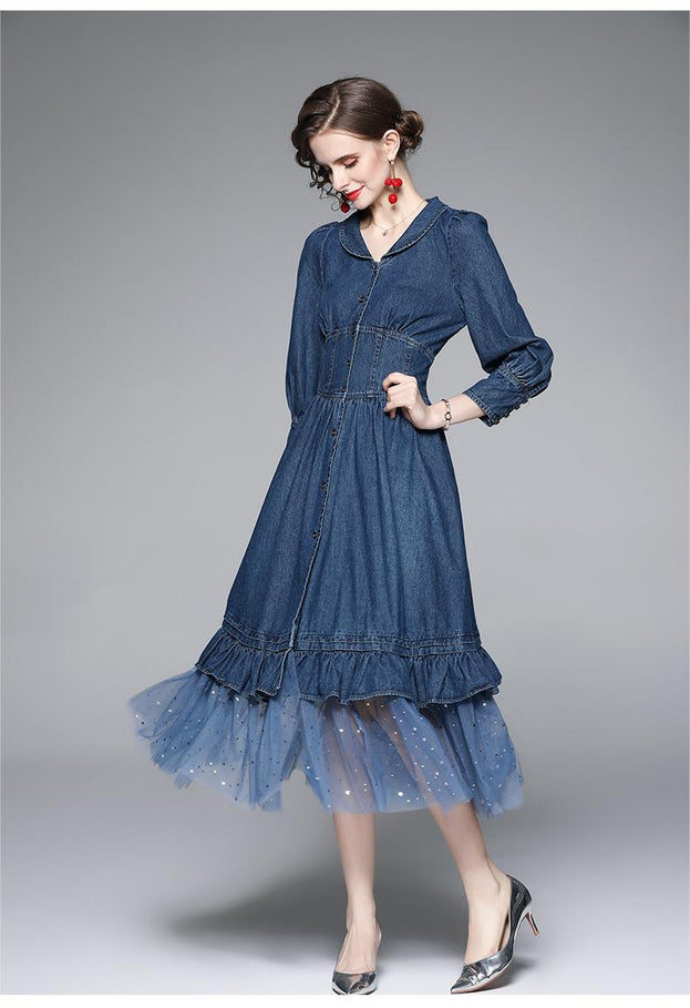 Vintage Long-Sleeved Tucked Waist Denim Patchwork Mesh Long Skirt Dress