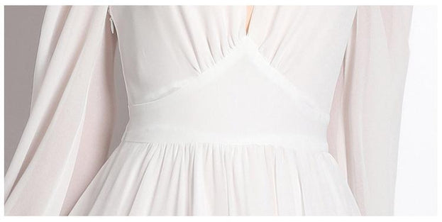 Temperament Retro Style Slimming White Dress Long-Sleeved V-Neck Skirt