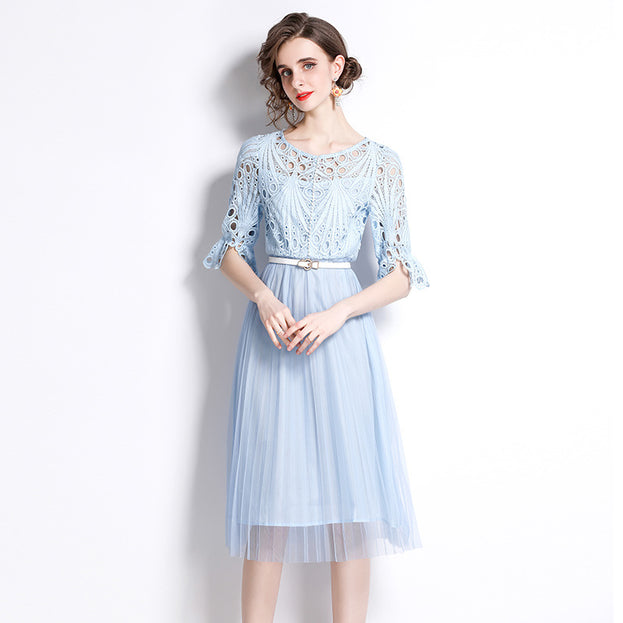 Round Collar Water-Soluble Lace Mesh Stitching MIDI Dress Fashion Temperament