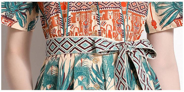 Vintage Printed Single Breasted Lace-Up Waist A-Line Skirt Short Sleeved Dress