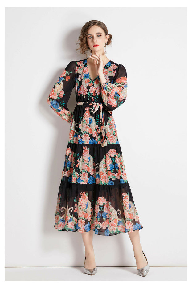 Vintage Print Lantern Sleeve Dress