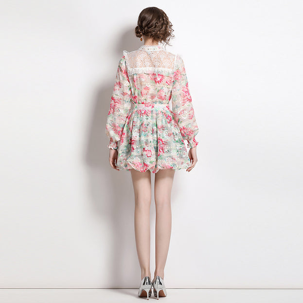 Fashion Printed Embroidery Patchwork Lace  Long-Sleeved Shirt Half Skirt Suit