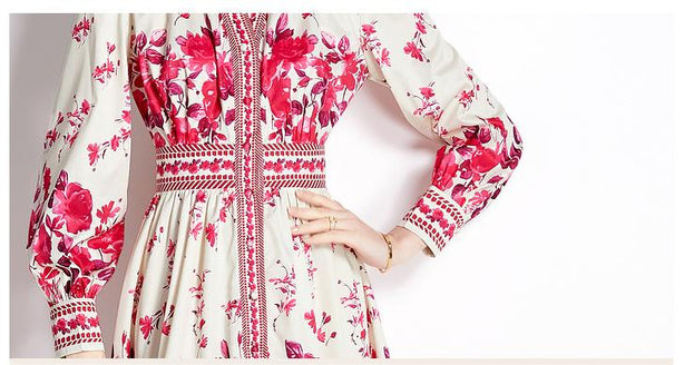Retro Palace Style V-Neck Single Breasted Lantern Sleeve Tucked Waist Slimming Dress