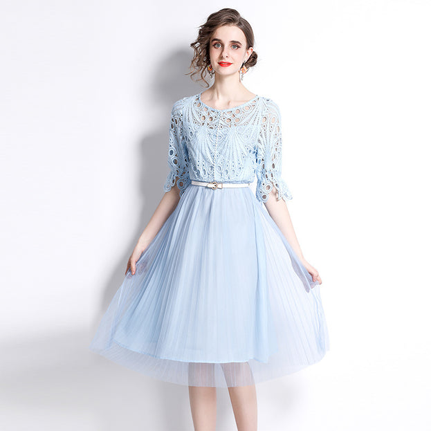 Round Collar Water-Soluble Lace Mesh Stitching MIDI Dress Fashion Temperament
