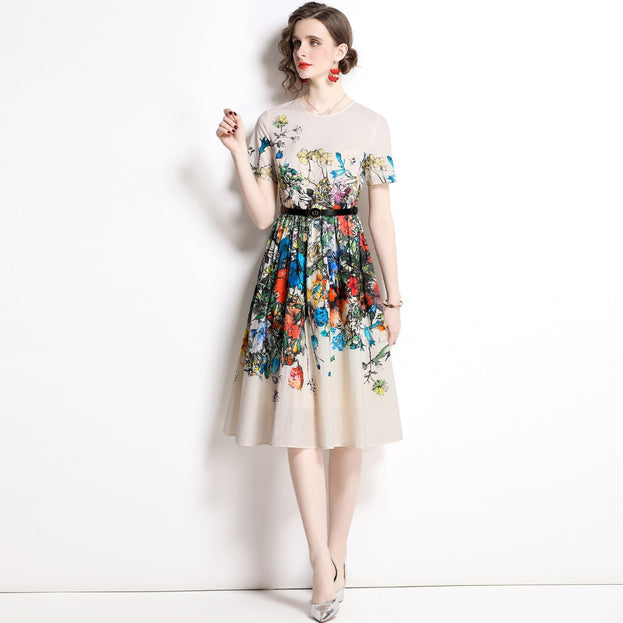Temperament Printed Crewneck Dress