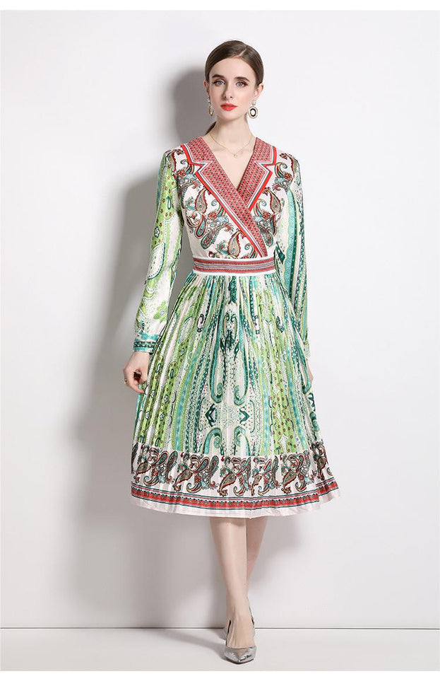 Fashion Suit Collar Tucked Waist Positioning Printed Pleated Dress