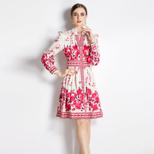 Retro Palace Style V-Neck Single Breasted Lantern Sleeve Tucked Waist Slimming Dress