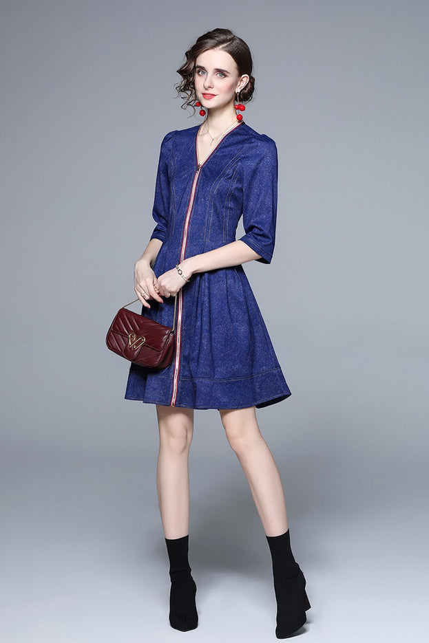 Middle Sleeve Zipper Down Denim Jacquard Dress
