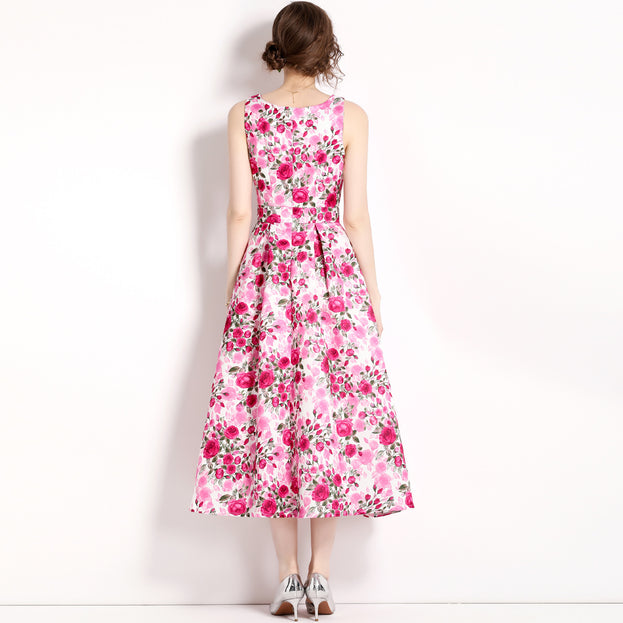 Vintage Print Sleeveless High-Waisted Dress