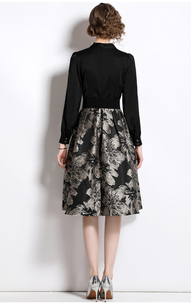 Fake Two-Piece Long Sleeve V-Neck Waist Slimming Lace-Up Jacquard A-Line Dress
