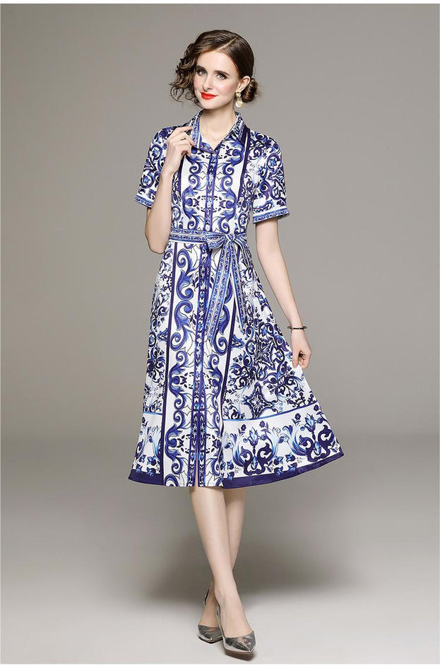 Fashion All-in-One Collection Waist Slimming Positioning Printed Dress with Belt