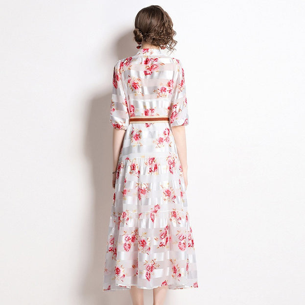 Half High Neck Lantern Sleeve Vintage Print Full-length Dress with Waist Tucked in (with Suspender)