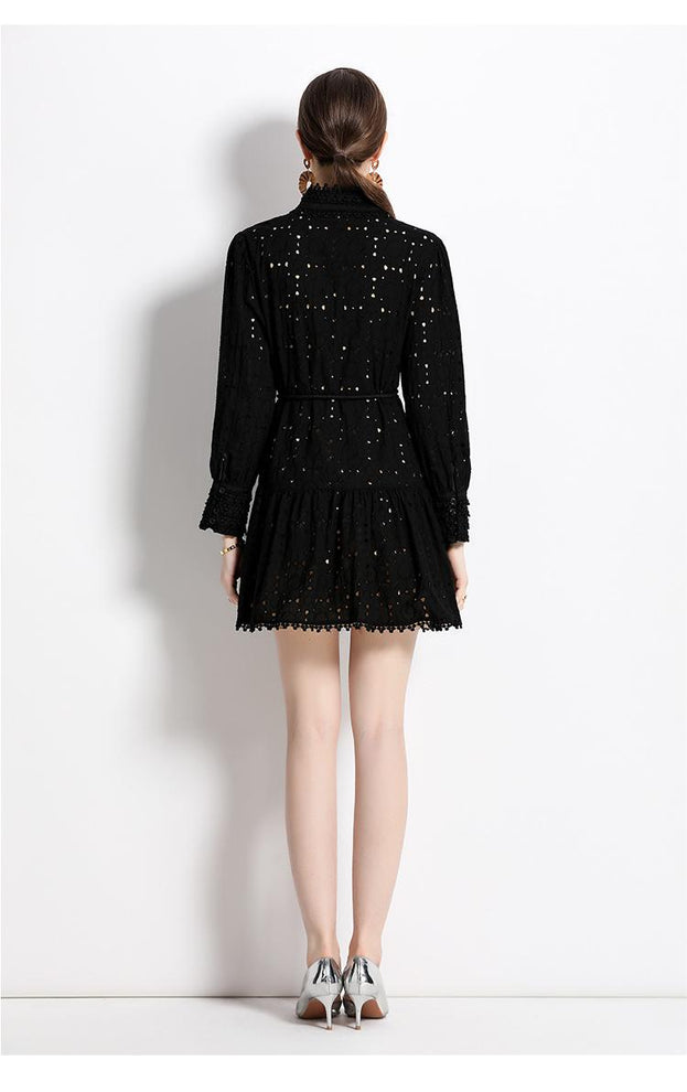 Stand-Up Collar Temperament Continuously Empty Single Breasted Lantern Sleeve Lace-Up Skirt Dress