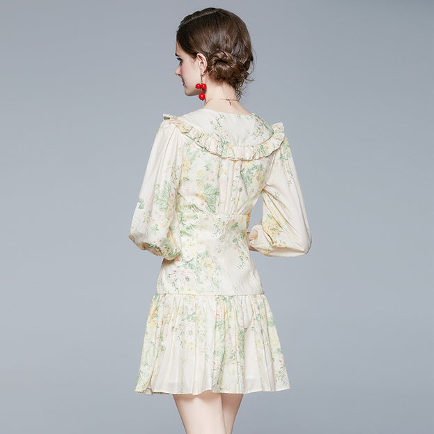 French Retro Palace Style Belt Waist Binding Waist Slimming Floral V-Neck Nine-Point Sleeve Dress