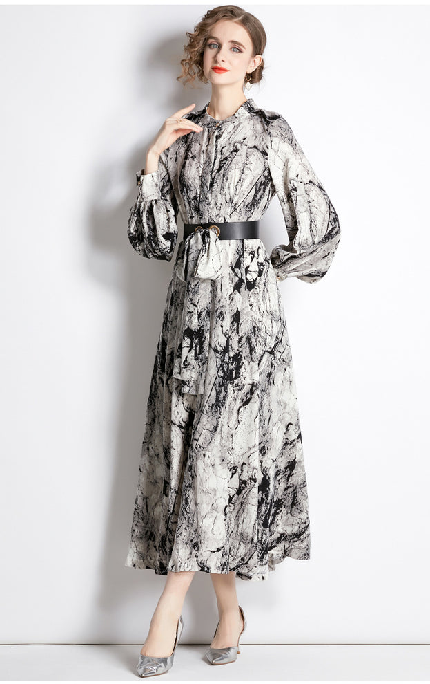 Temperament Fashion Vintage Print Long-Sleeved Dress Slim and Slimming Long Skirt