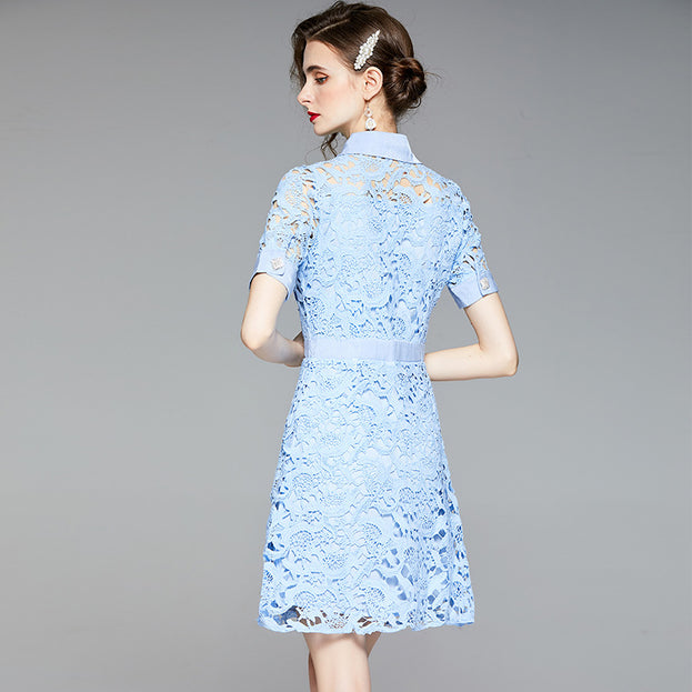 Temperament Elegant Blue Hollowed Out Water-Soluble Lace Lapel Short Sleeve A-Line Skirt Dress