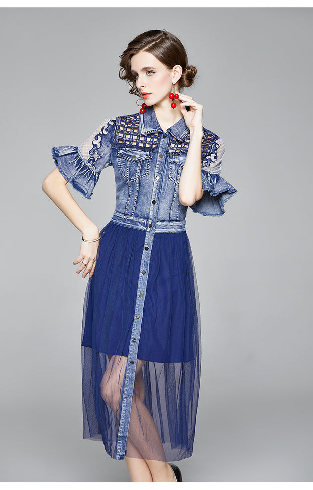 Hollowed Out Mesh Denim Stitching Slim Flared Sleeve Short Sleeve Mid-Length Dress