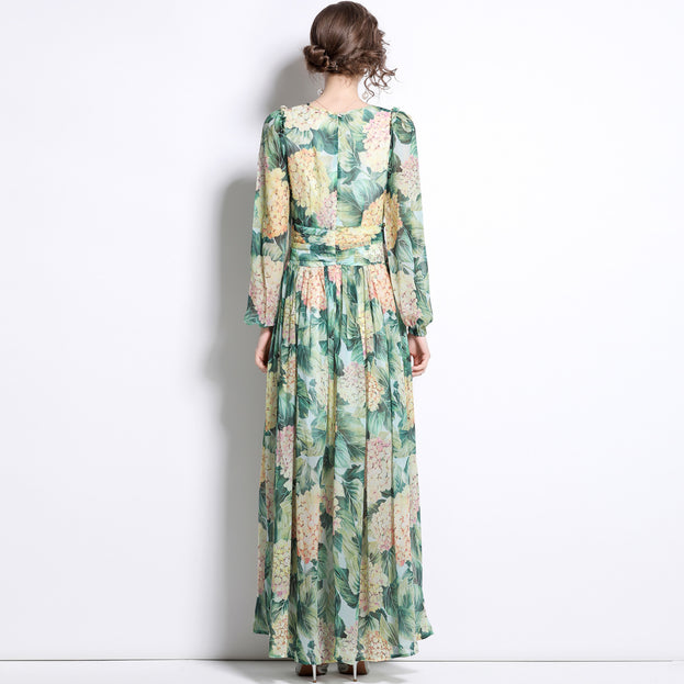 Temperament Chiffon Print Long-Sleeved Slim Long Skirt Green Crew Neck Dress