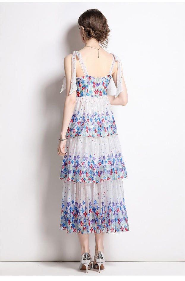 Printed Cake Skirt Lace-Up Suspender Dress