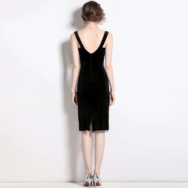 Temperament Velvet Splicing Mesh Yarn Suspender Skirt Fish Bone Pleated Slimming Dress
