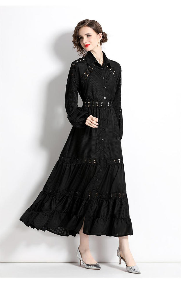 Girl Style Lapel Lantern Sleeve Single-Breasted Water-Soluble Lace Splicing Striped Long Dress