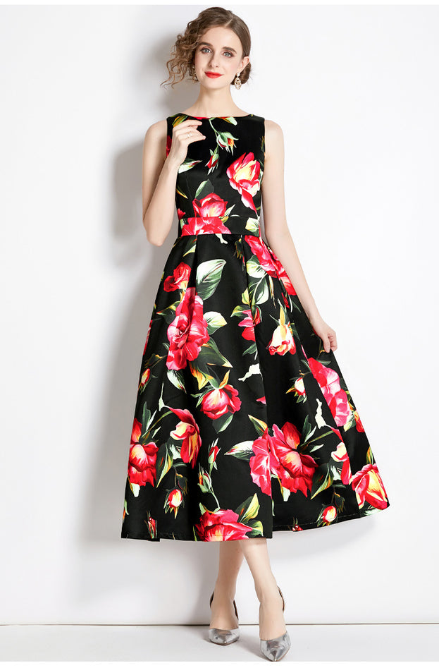 Vintage Print Sleeveless High-Waisted Dress