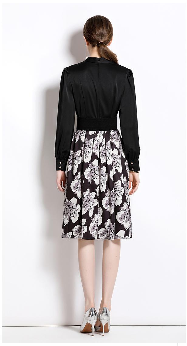 Temperament Waist Slimming V-Neck Long Sleeve MIDI Dress Vintage Print