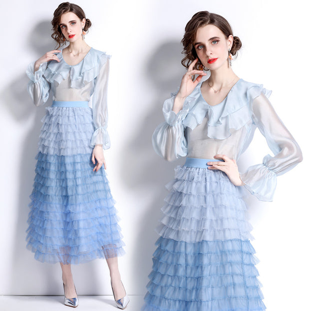 Sweet Peplum Top and Gradient Color Mesh Cake Skirt Suit
