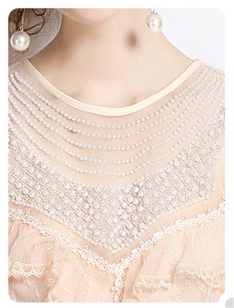 Temperament Fashion Gauze Beaded Piece Embroidered Bubble Sleeve Lace Cake Skirt Dress