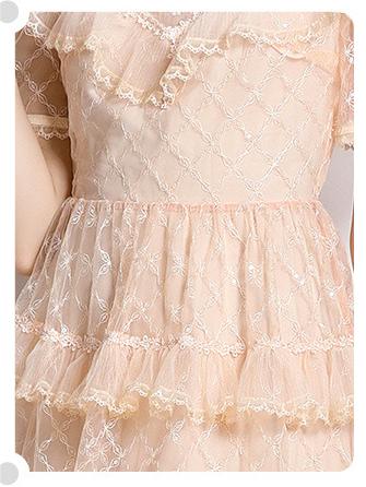 Temperament Fashion Gauze Beaded Piece Embroidered Bubble Sleeve Lace Cake Skirt Dress