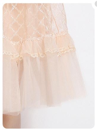 Temperament Fashion Gauze Beaded Piece Embroidered Bubble Sleeve Lace Cake Skirt Dress