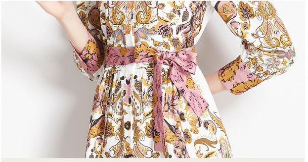 Vintage Lapel Lace-Up Design Printed Dress
