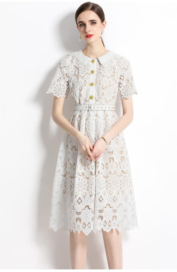 Water-Soluble Floral Embroidery Hollowed Out Lace Collar Short Sleeve Tucked Waist Slimming Dress