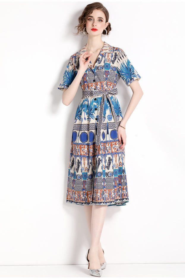 Vintage Printed Single Breasted Lace-Up Waist A-Line Skirt Short Sleeved Dress