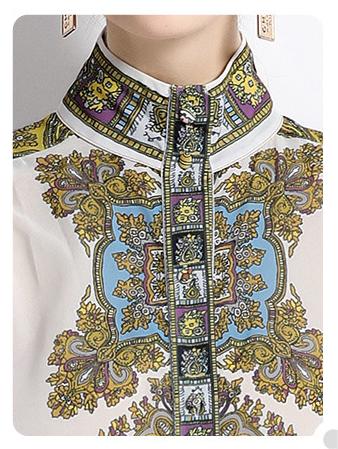 Vintage Print Long-Sleeved Full-Length Skirt Fashion Single-Breasted Stand-Up Collar Dress