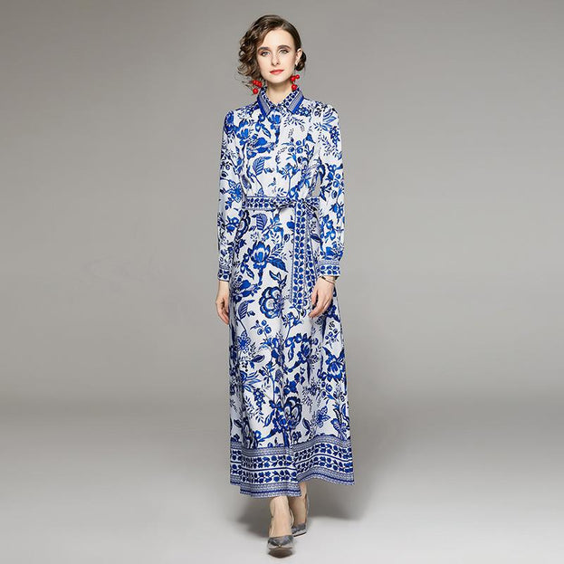Printed Lapel Long-Sleeved Dress