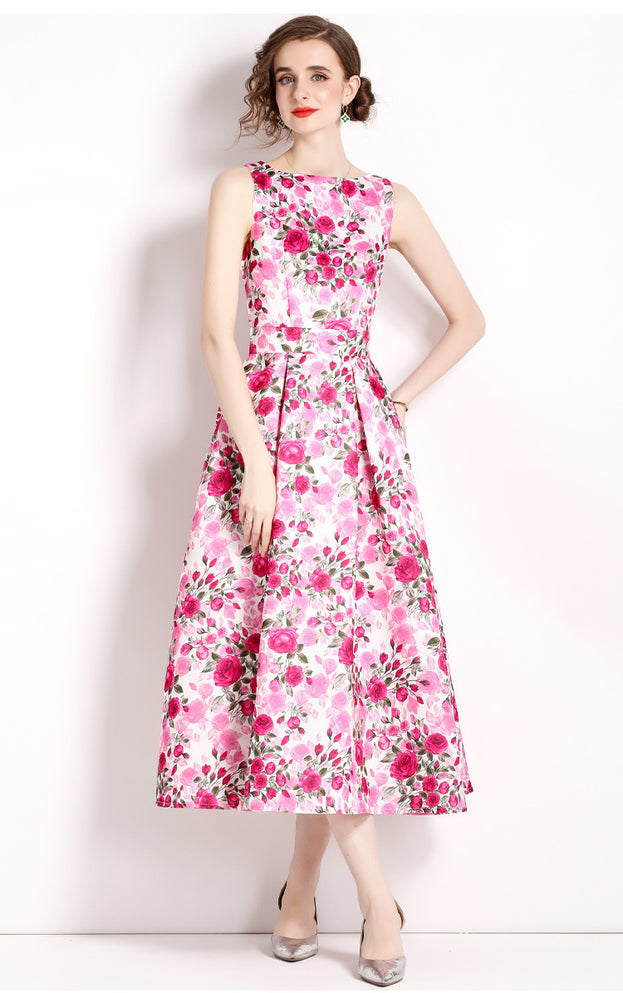 Vintage Print Sleeveless High-Waisted Dress