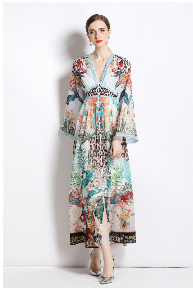 V-Neck Long-Sleeved Chiffon Fashion Resort Style Retro Full-Length Skirt Dress