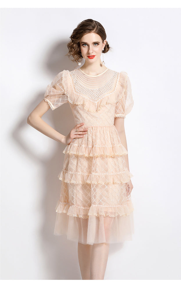 Temperament Fashion Gauze Beaded Piece Embroidered Bubble Sleeve Lace Cake Skirt Dress
