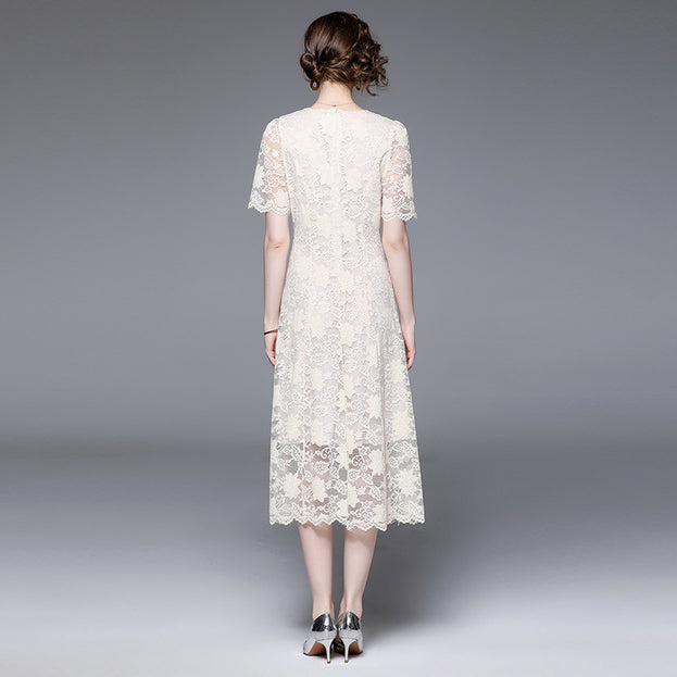 Temperament Retro V-Neck Big Swing Long Hook Flower Hollowed Out Lace Dress