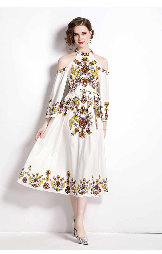 Temperament Vintage Printed Flared Sleeves Off-Shoulder Slim Maxi Dress