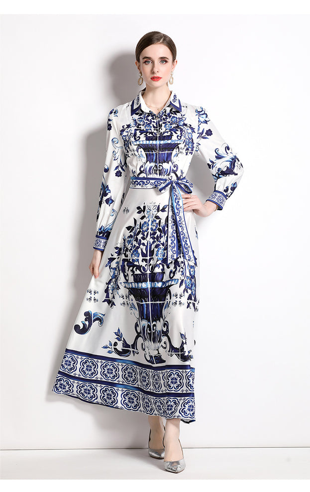 Fashion All-in-One Waist Slimming Blue and White Porcelain Positioning Printed Dress with Belt