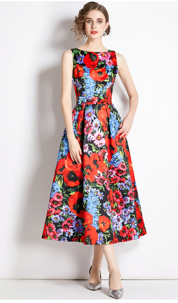 Vintage Print Sleeveless Dress
