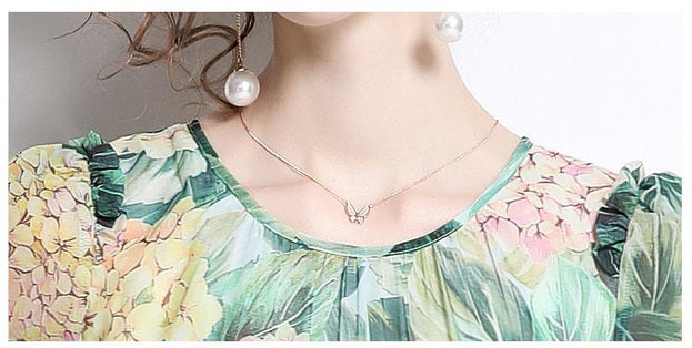 Temperament Chiffon Print Long-Sleeved Slim Long Skirt Green Crew Neck Dress
