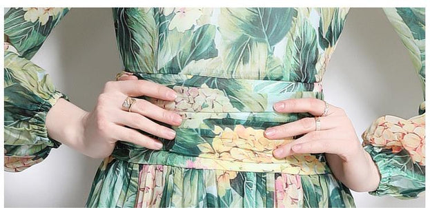 Temperament Chiffon Print Long-Sleeved Slim Long Skirt Green Crew Neck Dress
