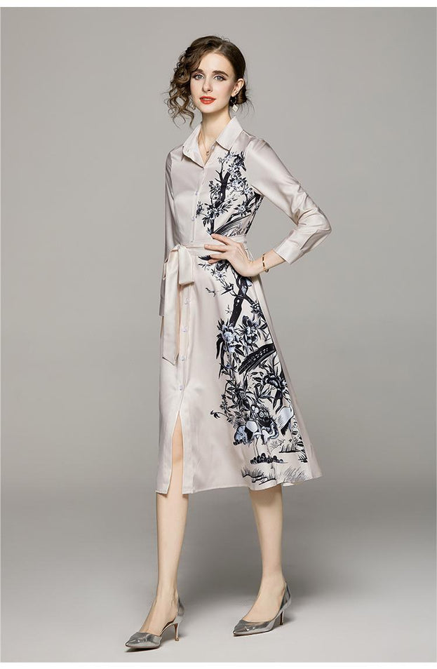 Fashion All-in-One Collection Waist Slimming Positioning Printed Dress with Belt
