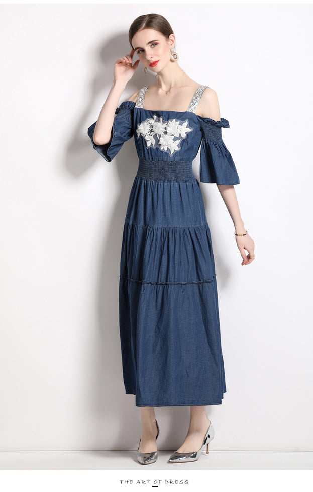 Off Shoulder Bust Embroidery Halter Denim Dress