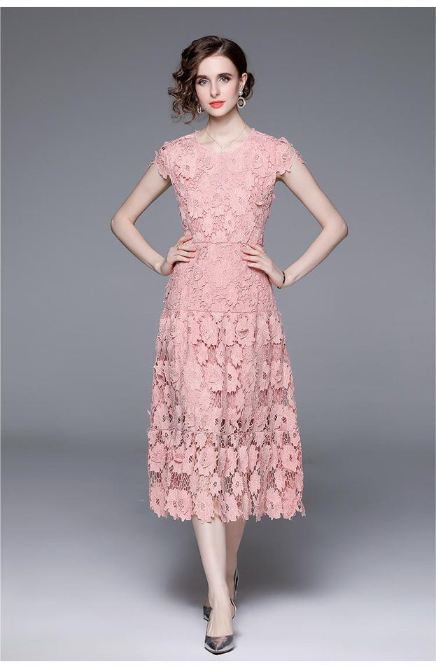 Women's Hollow Out Water-Soluble Flower Embroidery Round Neck Short Sleeve Solid Color Elegant Long Skirt Dress