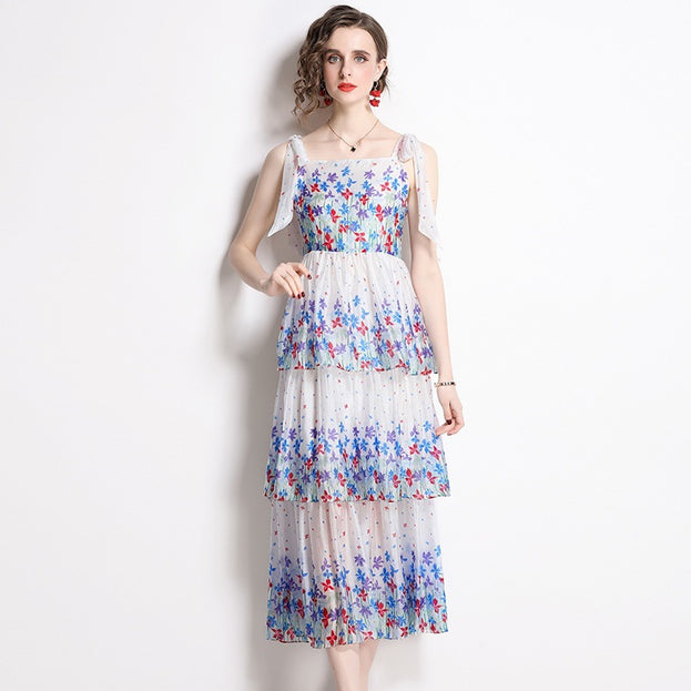 Printed Cake Skirt Lace-Up Suspender Dress