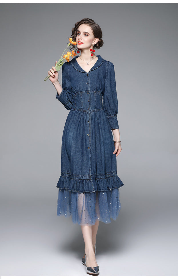 Vintage Long-Sleeved Tucked Waist Denim Patchwork Mesh Long Skirt Dress
